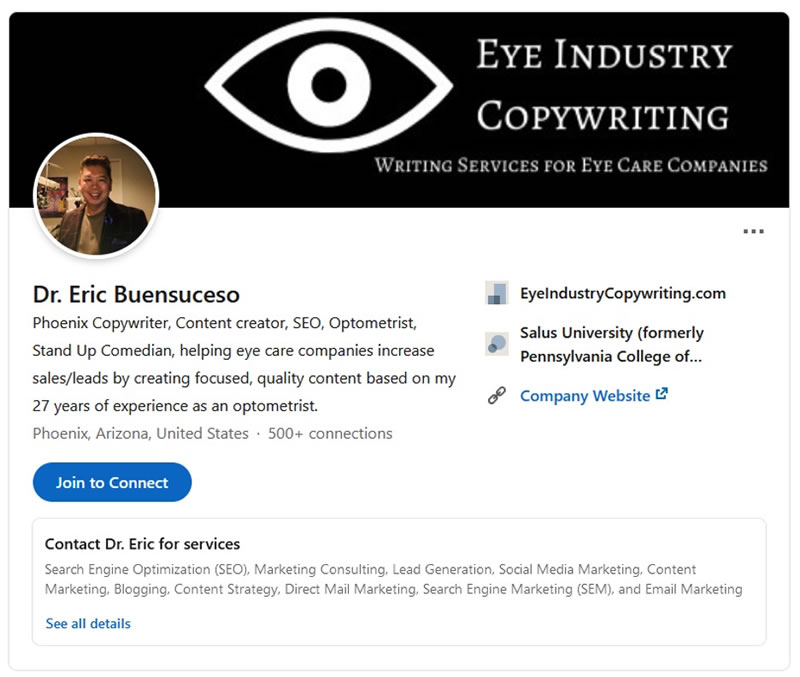 Screen shot of Dr. Eric Buensuceso’s LinkedIn profile