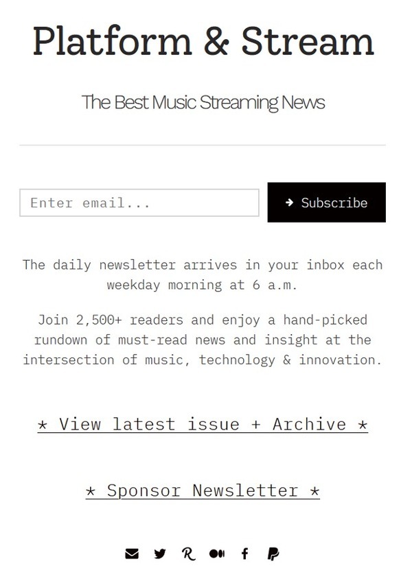 Screen shot of Platform & Stream’s e-newsletter sign-up page