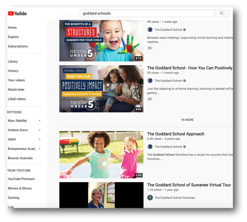 A screenshot of a YouTube search for the term “Goddard Schools”