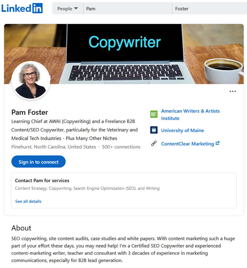 Screen shot of Pam Foster’s LinkedIn profile
