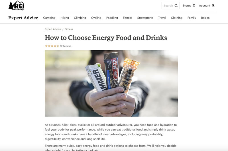 A screenshot of REI’s blog post on how to choose energy foods and drinks
