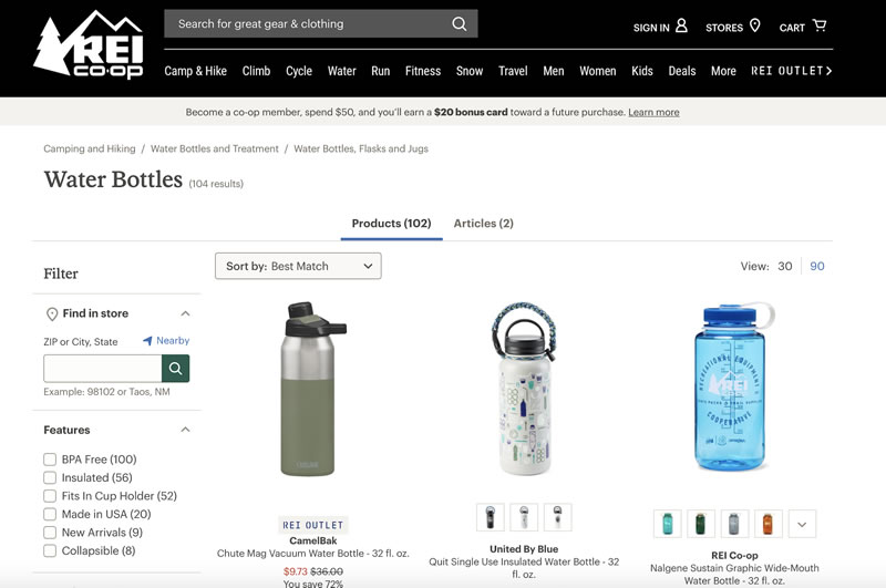 A screenshot of REI’s product page for water bottles, where the reader can choose from a selection of water bottles.