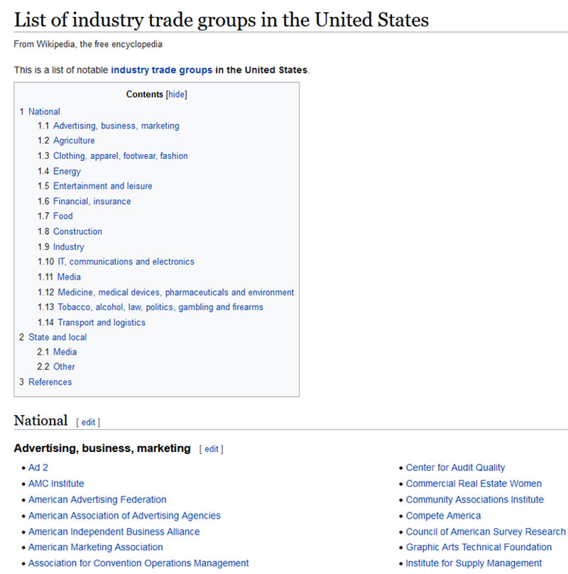 Screen shot of Wikipedia’s industry trade groups page
