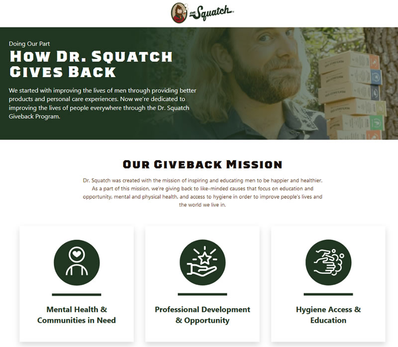 Screen shot of Dr. Squatch’s giveback page