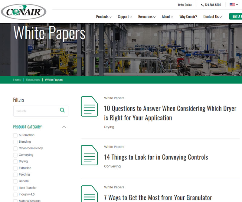 Screen shot of Conair’s white paper listing page