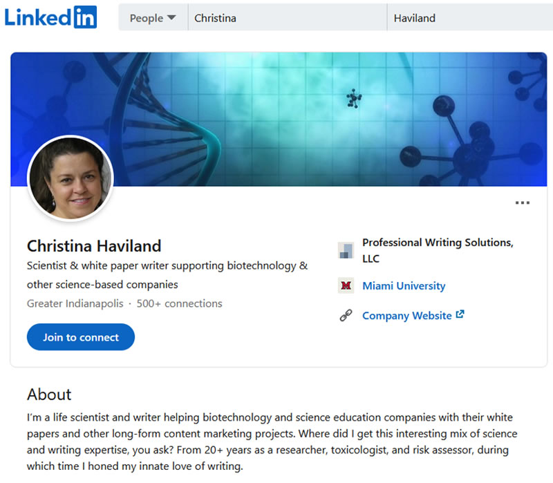 Screen shot of Christina Haviland’s LinkedIn profile