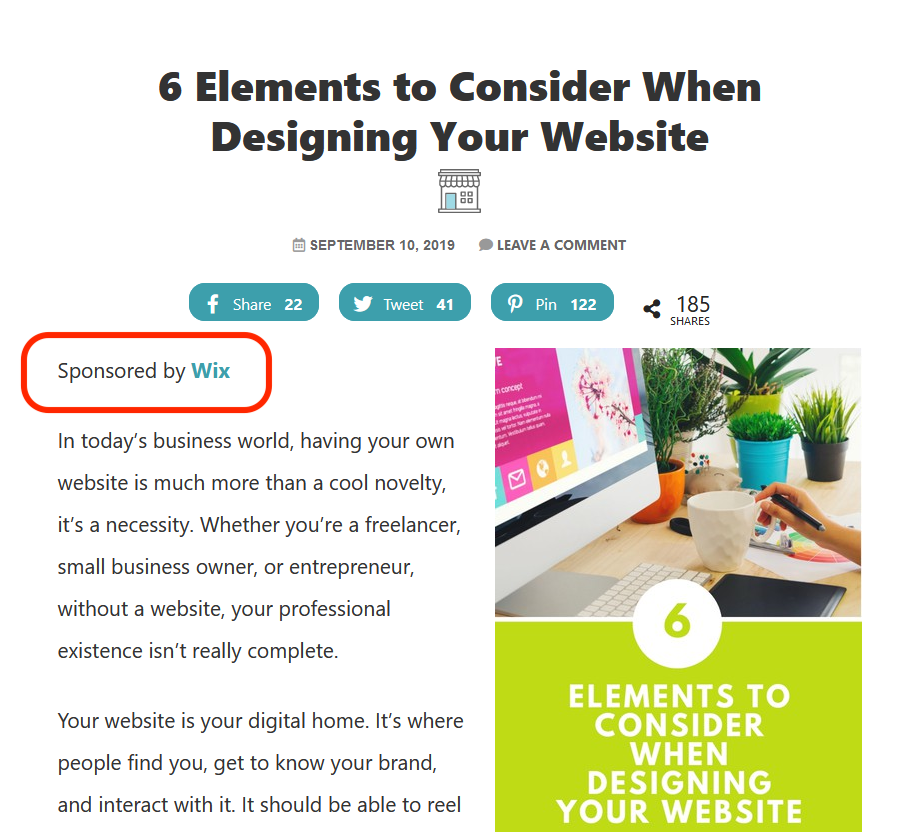 Screen shot showing that a blog post was sponsored by Wix