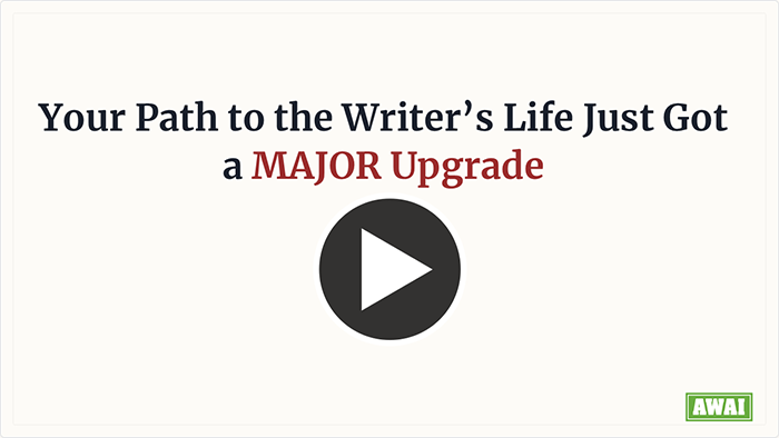 Your Path to the Writer’s Life Just Got a Major Upgrade, with a large play button centered below the headline.