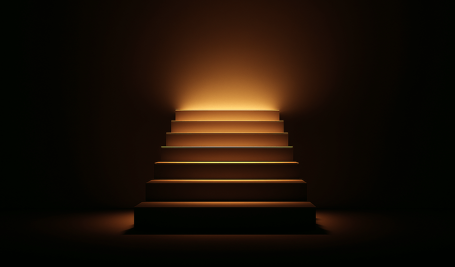 A dark, minimalist scene featuring a staircase illuminated with warm golden light from above. The glow highlights each step, creating a dramatic sense of depth and progression, with the light suggesting a destination or goal at the top.