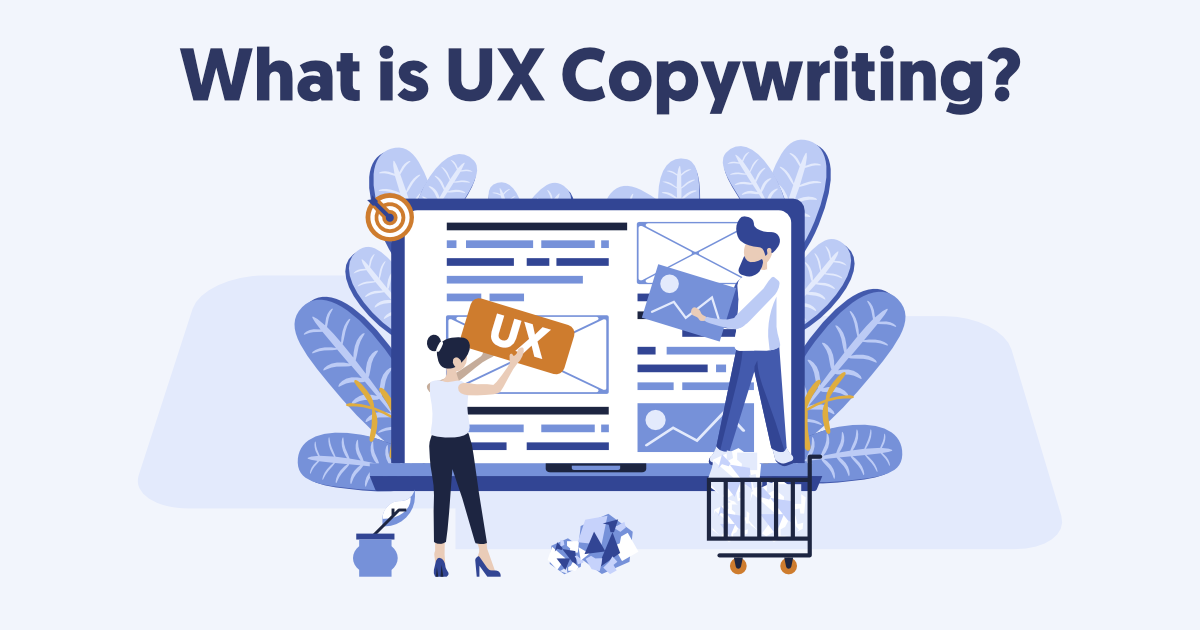 The text 'What is UX copywriting?' with a giant cartoon laptop and cartoon people holding the word 'UX'