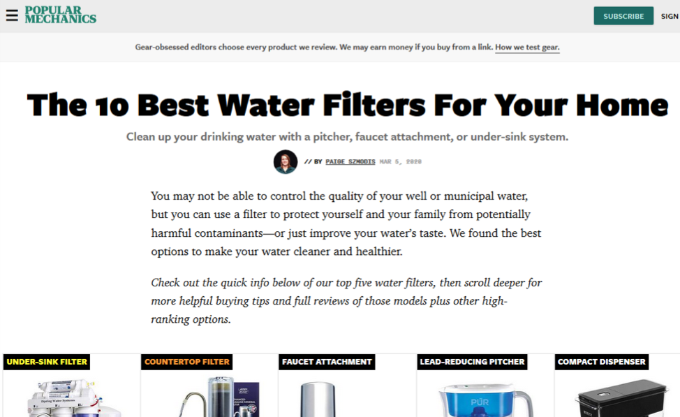 Screenshot of a blog review for water filters