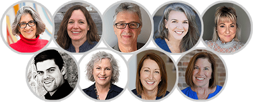 Headshots of Ilise Benun, Heather Robson, Nick Usborne, Lisa Mullis, Sandy Franks, Guillermo Rubio, Pam Foster, Rebecca Matter, and Katie Yeakle