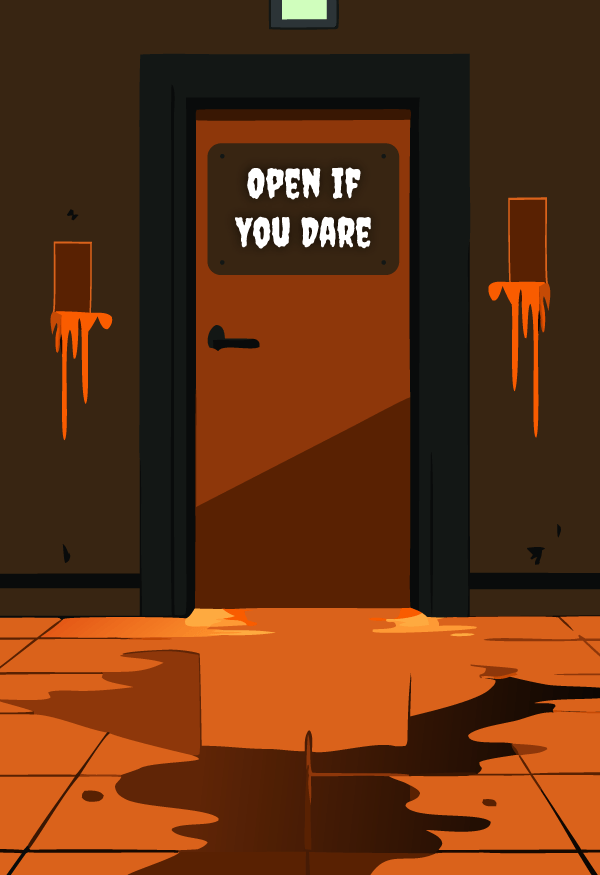 Cartoon-style scene showing a closed brown door with a sign reading “Open if you dare” in bold white letters. The floor and nearby walls are splattered with dripping orange liquid, creating a spooky, Halloween-themed atmosphere.