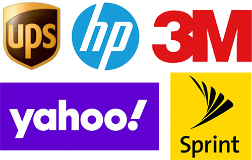 Logos of UPS, Hewlett-Packard, 3M, Yahoo!, and Sprint