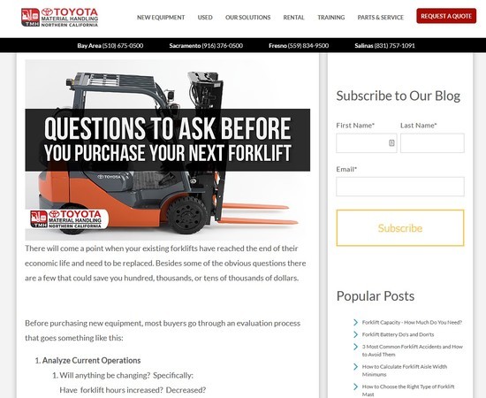 Example B2B article on topic 'questions to ask before buying your next forklift'
