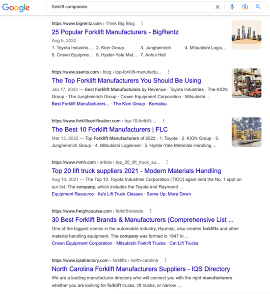 ads on search engine results page for query 'forklift companies'