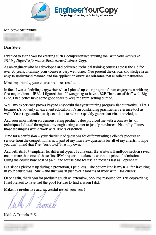 letter from Keith Trimels to Steve Slaunwhite