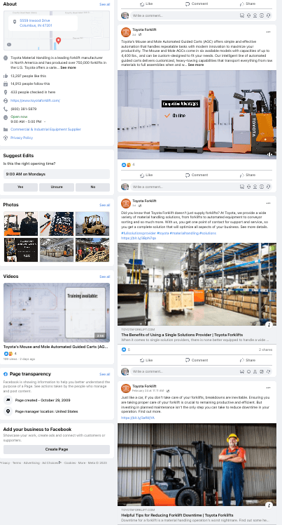 the Facebook page for Toyota Forklifts, featuring multiple posts that link to an article