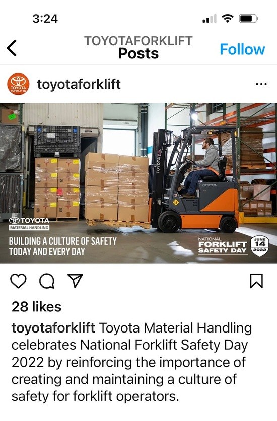 an Instagram post from Toyota Forklifts, promoting 'National Forklift Safety Day'