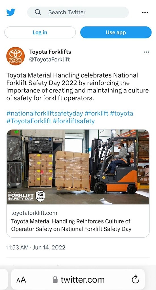 a tweet from Toyota Forklifts, promoting forklift safety
