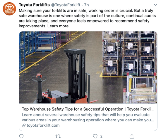 a tweet from Toyota Forklifts, promoting forklift safety