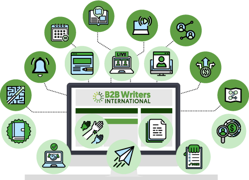 Computer monitor with B2B Writers International logo and 18 icons