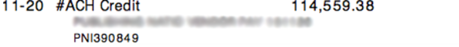 Bank statement showing a depost of $114,559.38