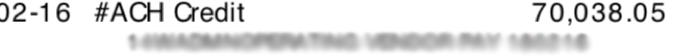 Bank statement showing a depost of $70,038.05