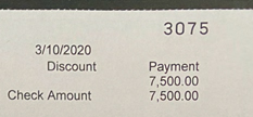 Retainer check showing a payment of $7,500