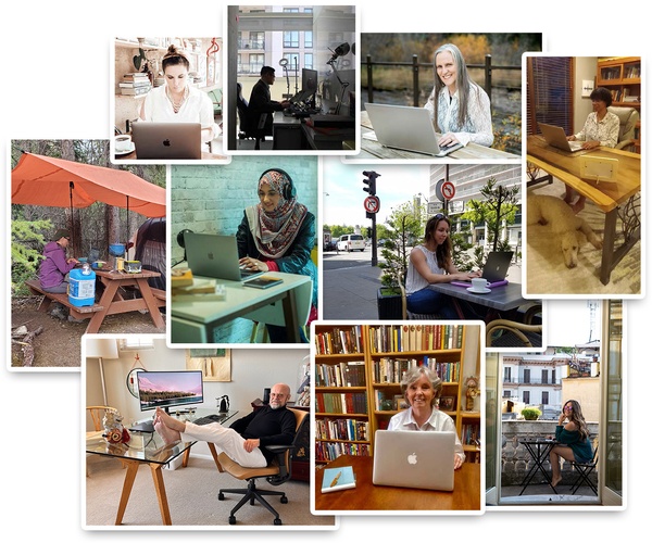Collage of writers working in various envrionments all over the world