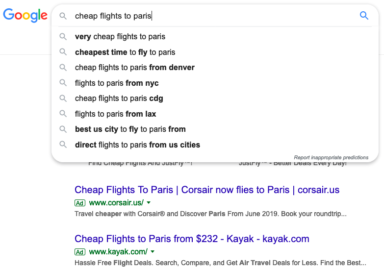 An image of a google search for cheap flighs