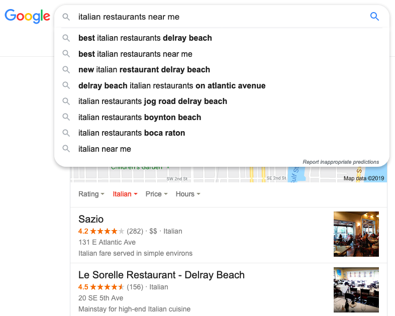 An image of a google search for italian food
