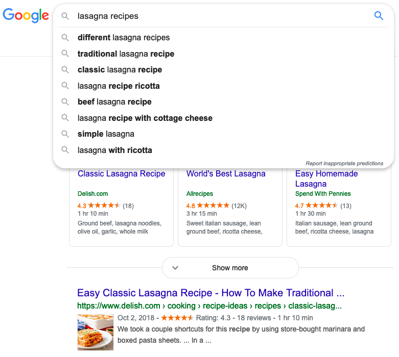 An image of a google search on how to make lasagna