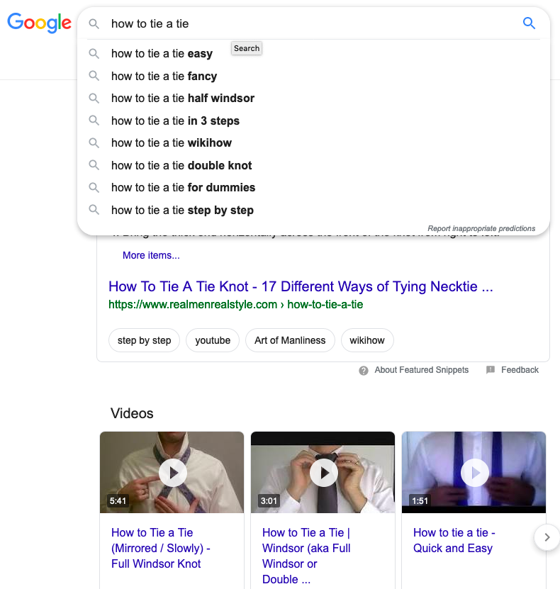 An image of a google search on how to tie a tie