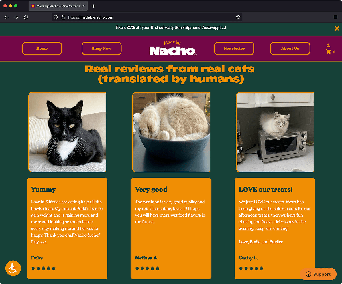 Cat testimonials on Made by Nacho Website