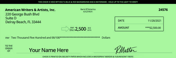 A check for $2,500 from AWAI