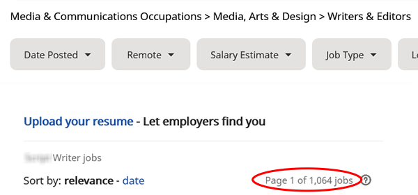 Job search results from indeed.com showing 1,064 job listings