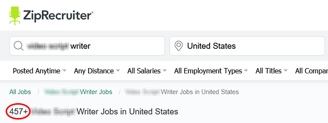 Job search results from Zip Recruiter showig 457+ job listings