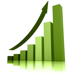 A bar graph trending upward with an upward arrow