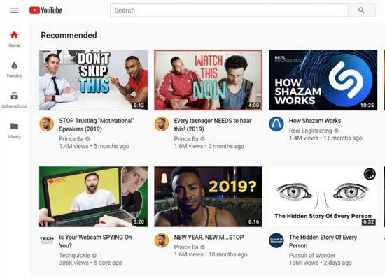 Screenshot of YouTube Homepage