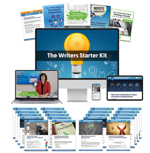 Spread of everything that comes with The Writer's Starter Kit
